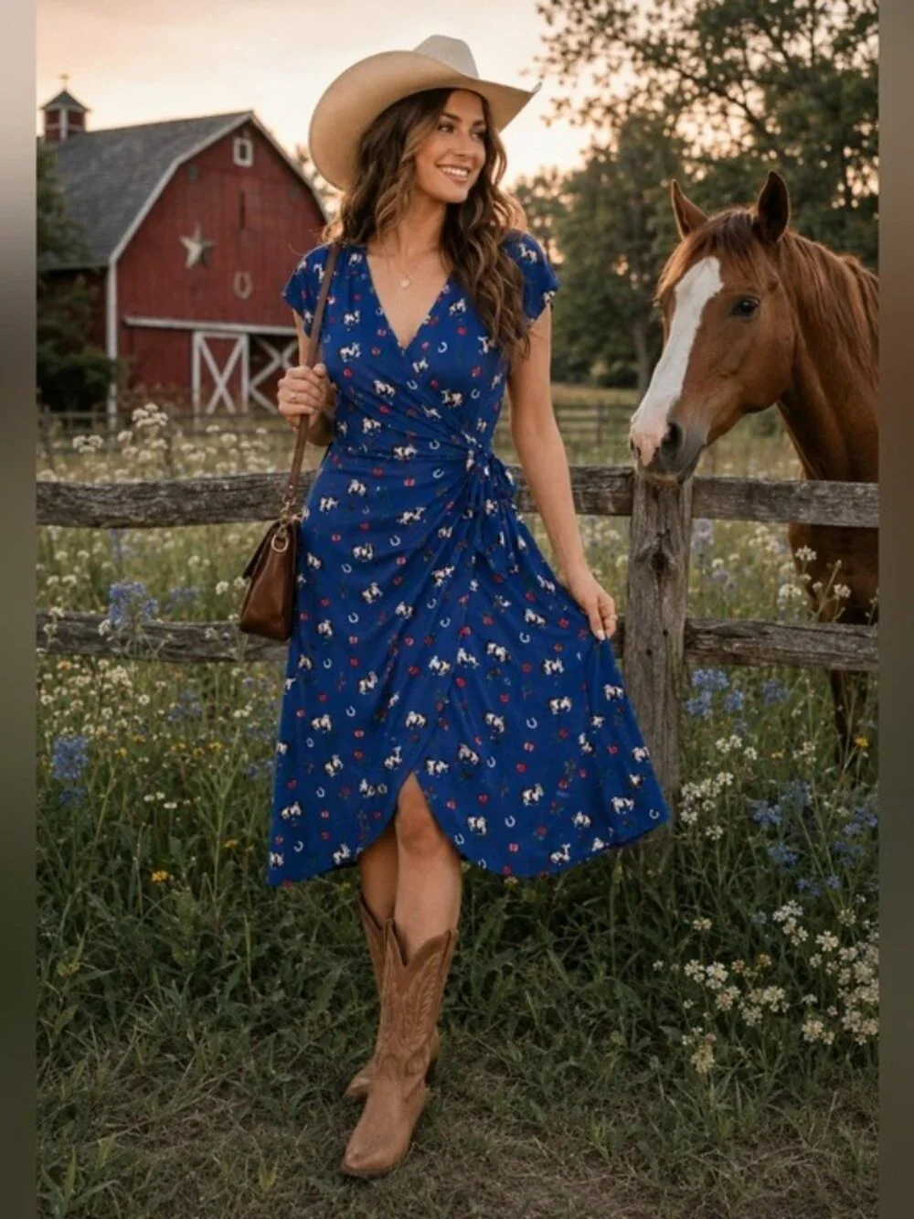 Lindy Bop Horse Print Wrap Midi Dress Blue Retro Cottagecore US 16 - Picture 7 of 7